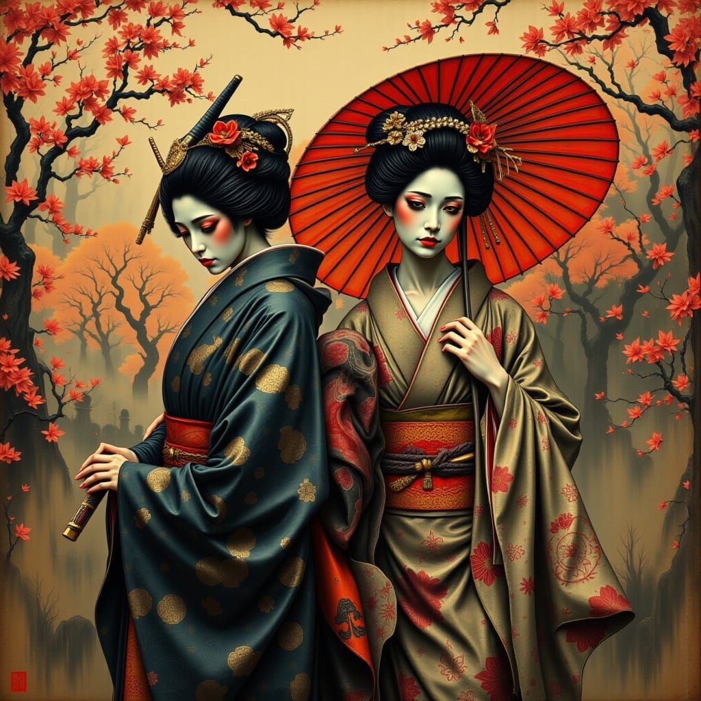 Samurai and Mourning Geisha in Ancient Japan