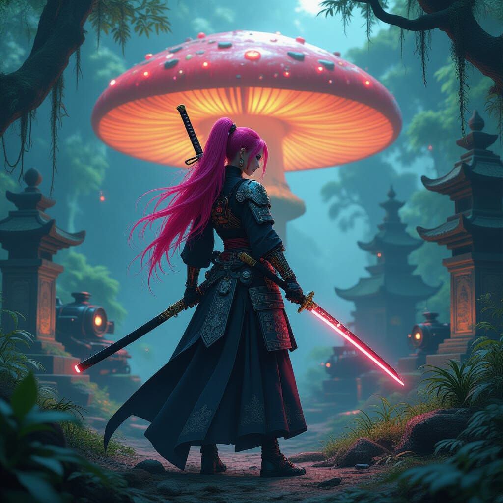 Gothic Samurai Warrior in a Bioluminescent Jungle