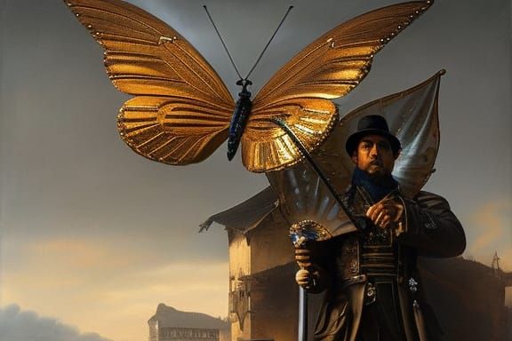 Metal Butterfly on Hand in Art Nouveau Steampunk Style
