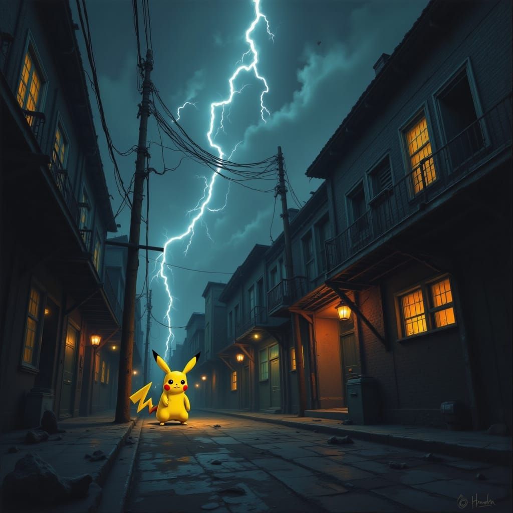 Haunted Pikachu in Lightning Storm: Horror Art