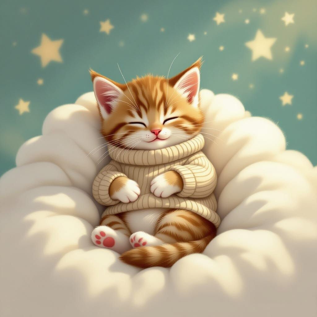 Cute Kitten Sleeping on Cloud in Whimsical Style