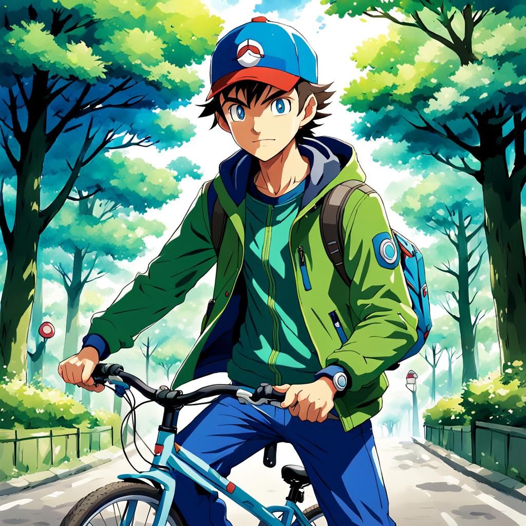 Pokémon Trainer Rides Bike in Anime Style