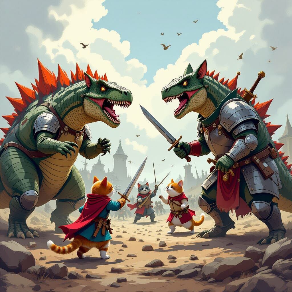 War Dinosaurs Battle Cats and Dogs in Medieval Costumes