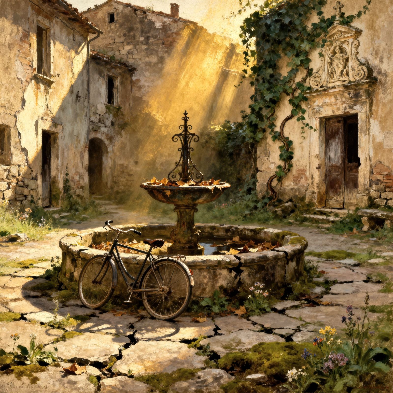 Abandoned Village Square Reclaimed by Nature