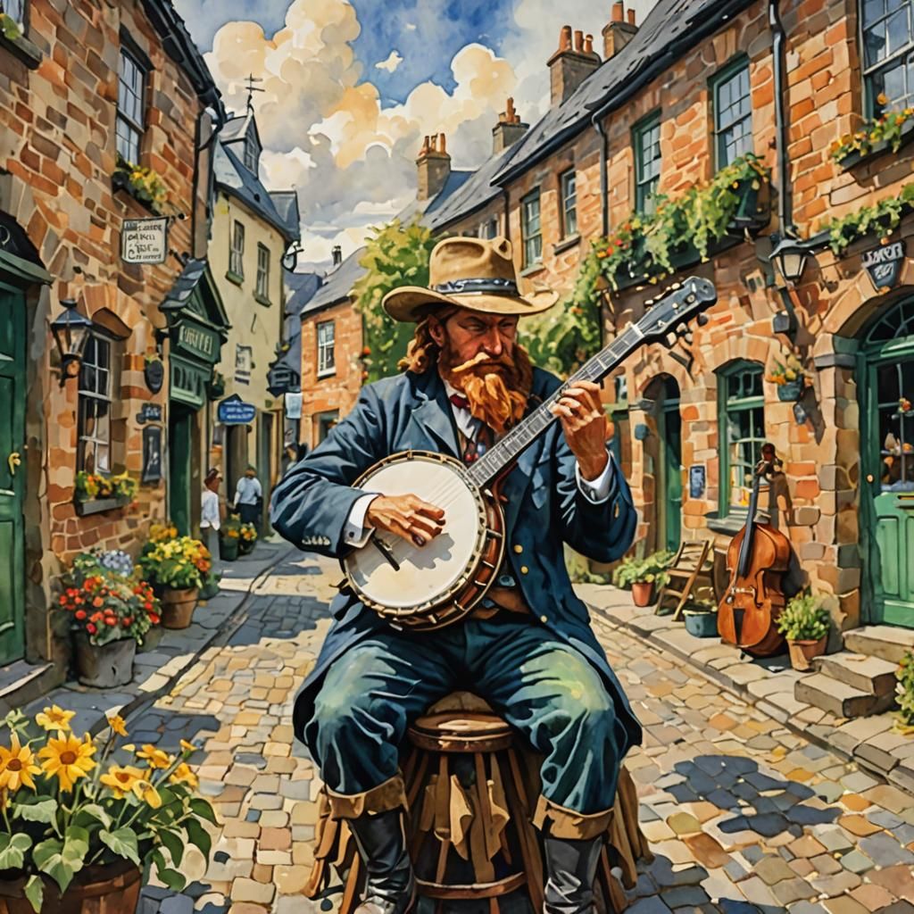 Dullahan Plays Banjo in Ireland, Gouache Style