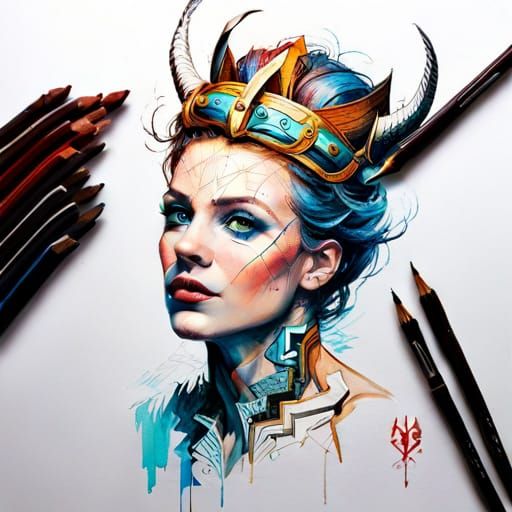 Crowned Viking Queen Portrait with Diagram Elements