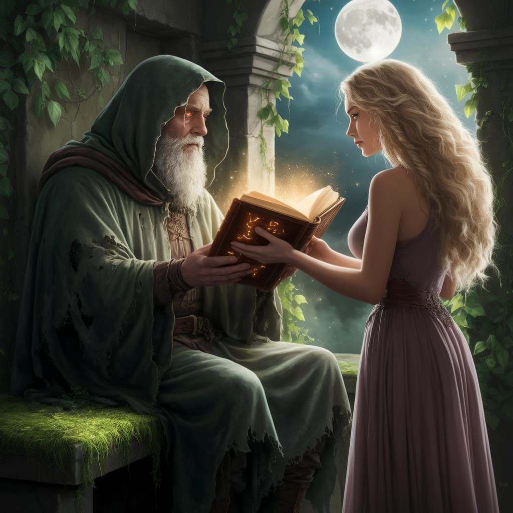 Ancient Wizard Contemplates Mystical Tome Under Moonlight
