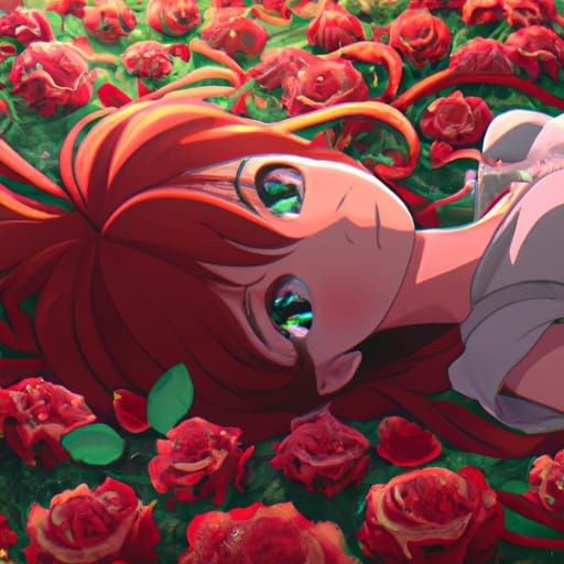 Anime Girl in Red Roses, Ghibli Style
