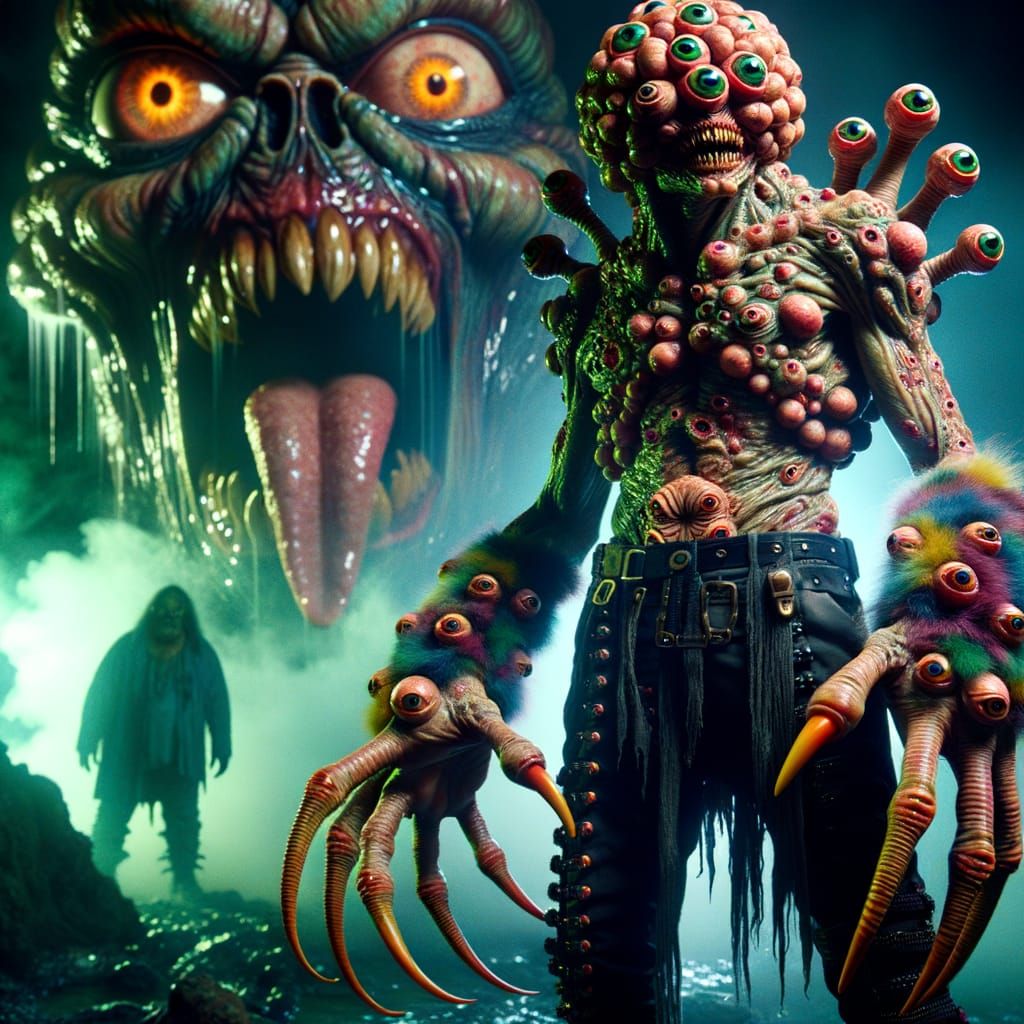 Creepy Horror Scene with Mutant Humanoid and Alien Heads