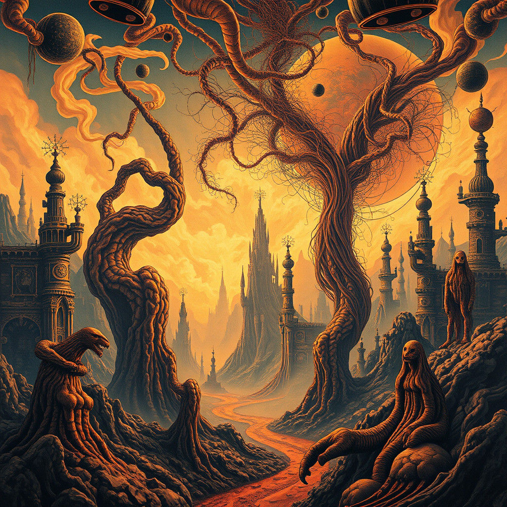 Surreal Copper Dreamscape in Art Nouveau Style