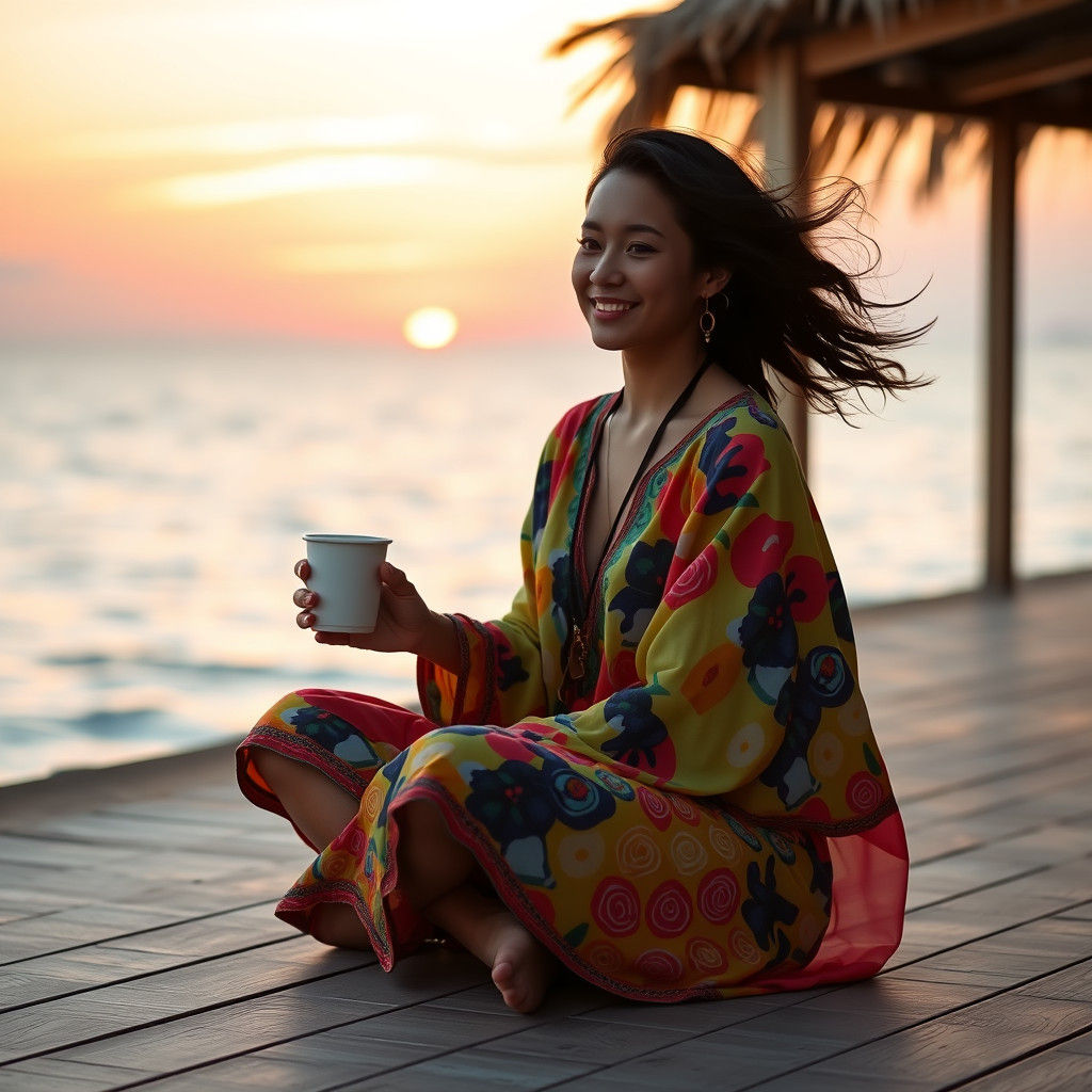 Woman in Colorful Jelaba at Sunset