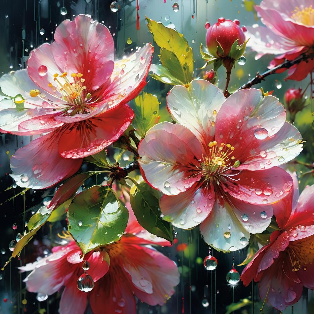 Apple Blossoms with Dewdrops: Detailed Matte Painting