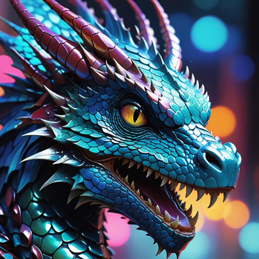 Glossy Blue Dragon's Head with Iridescent Textures
