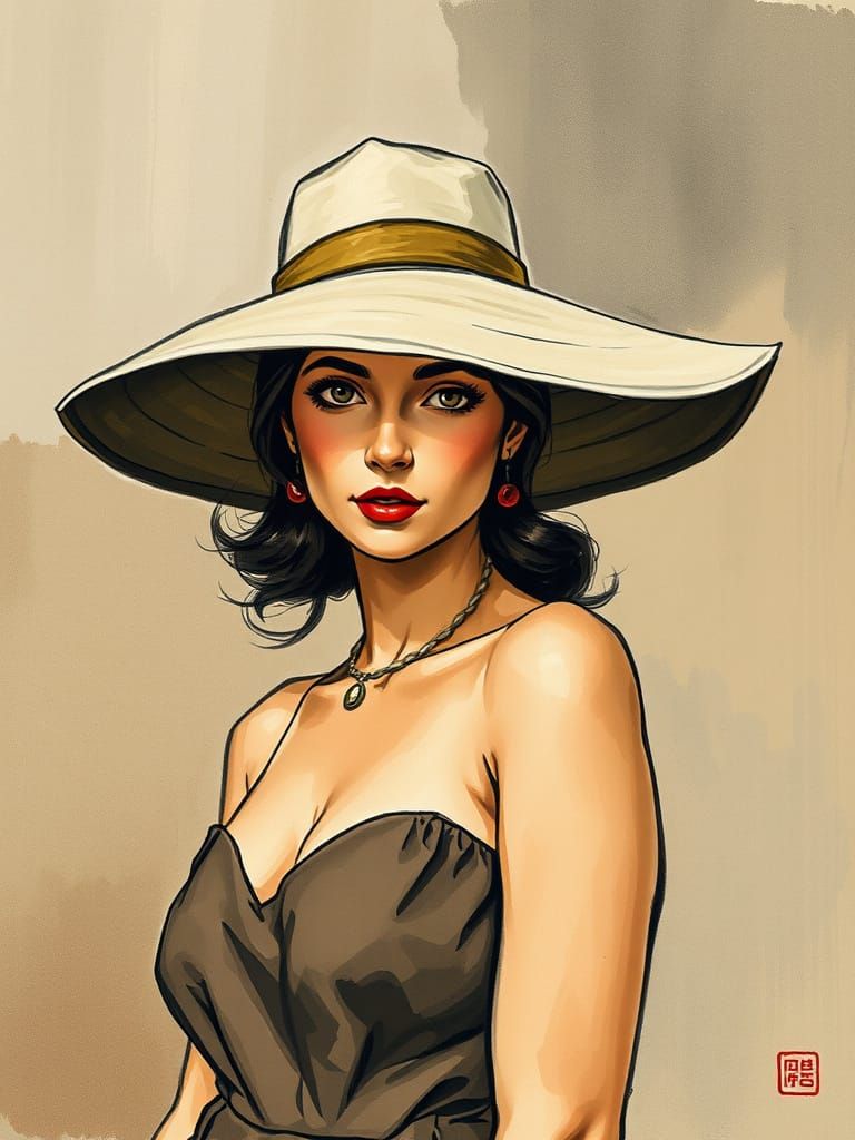 1950s Pin-Up Woman in Earth Tones, Geometric Style