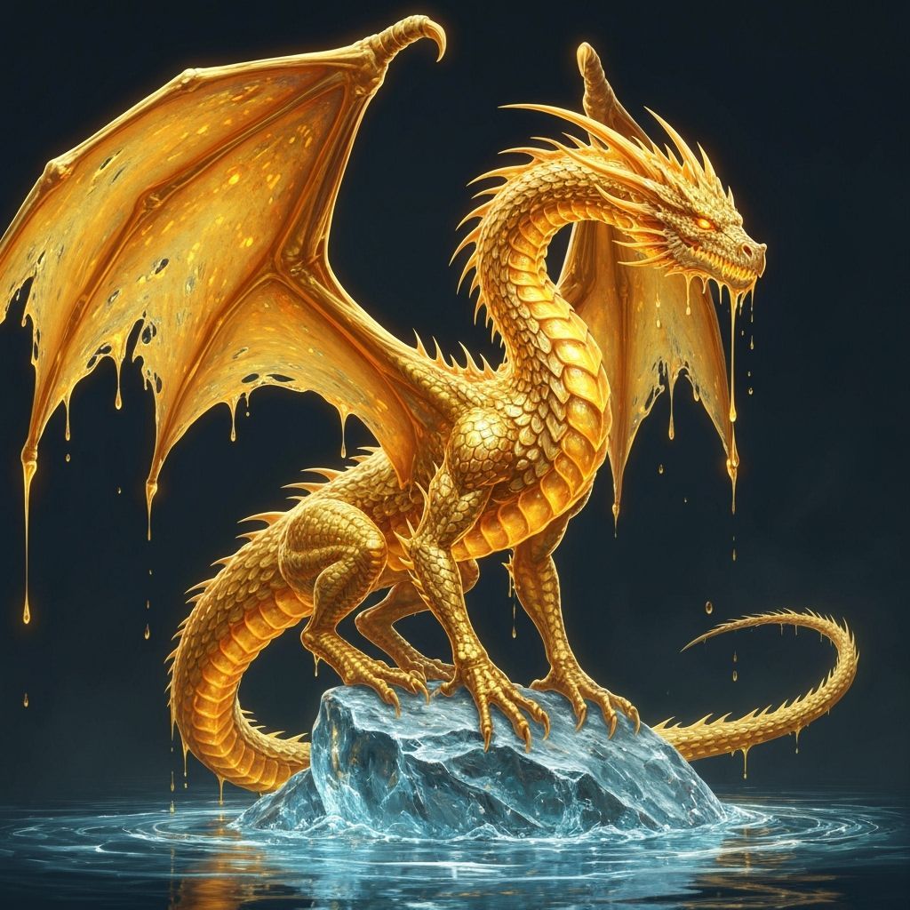 Molten Gold Dragon Perched on Crystal Rock