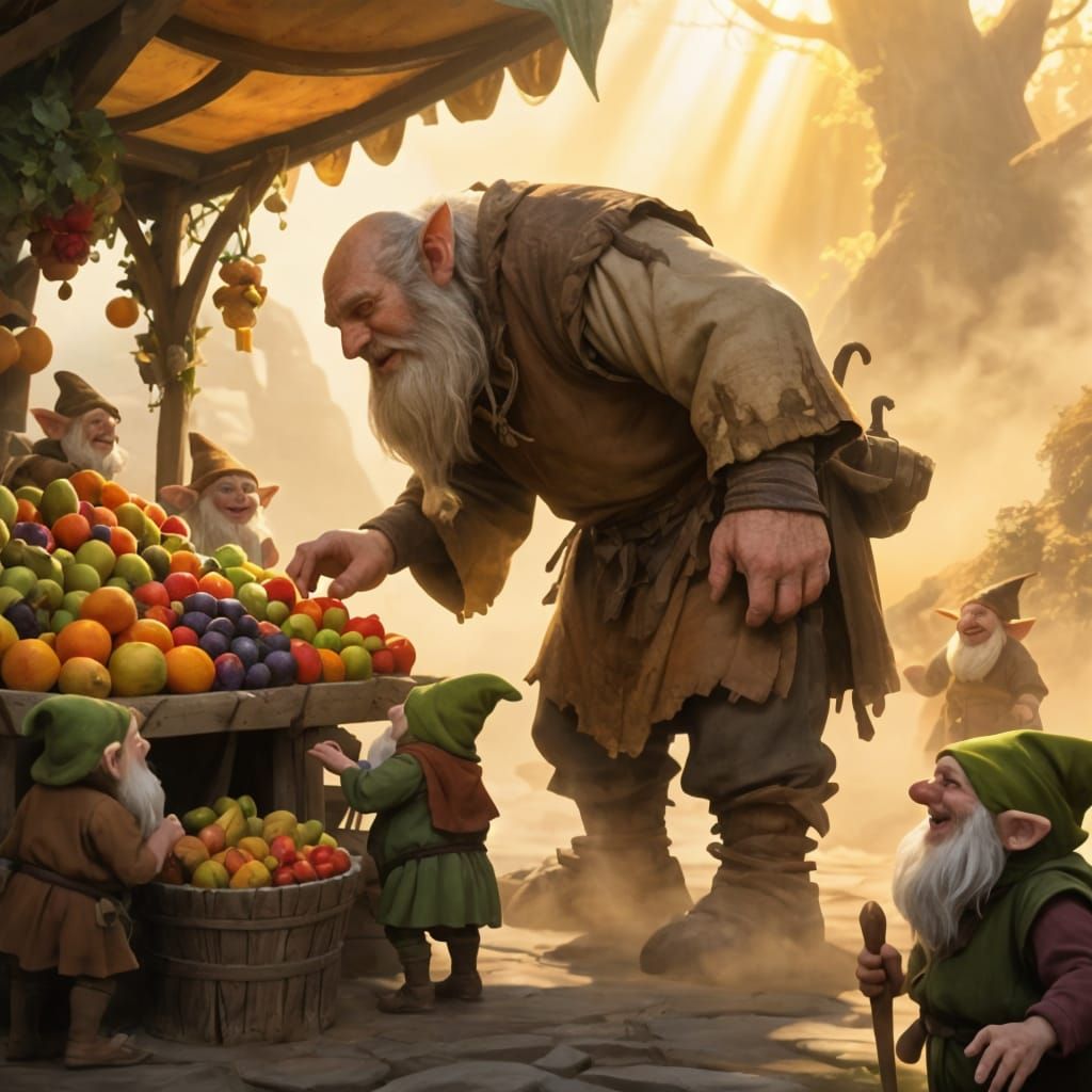 Giant Browsing Fruit Stand: Whimsical Fantasy Art