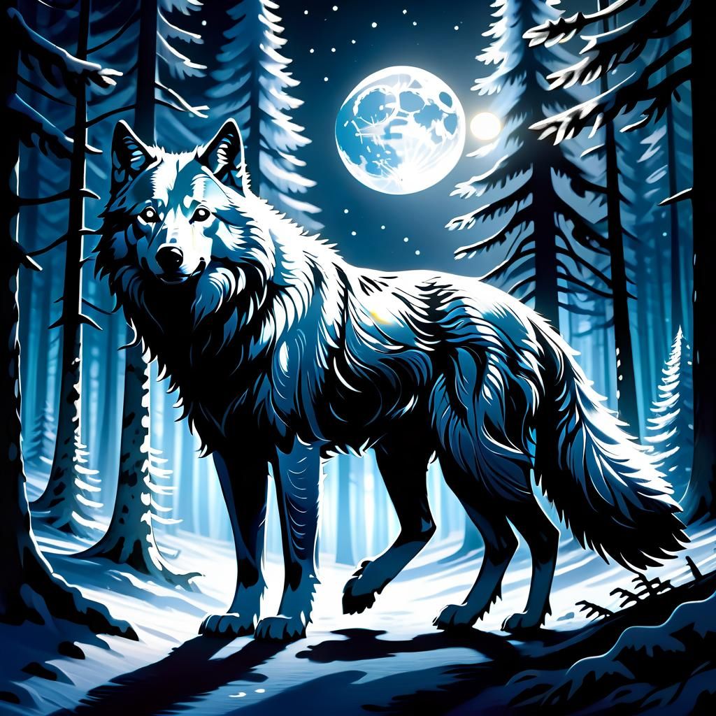Silver Wolf Walking in Moonlit Forest