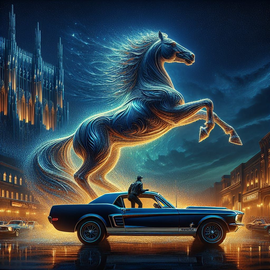 Majestic Mustang Horse on a Classic Car in Dramatic Evening...