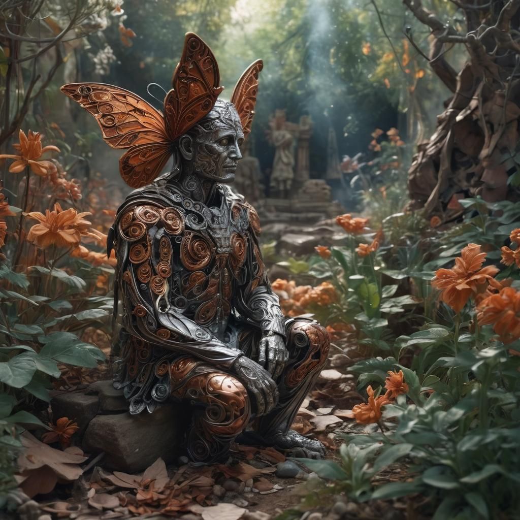 Sad Idol in Quilling Garden with Spirit Butterfly
