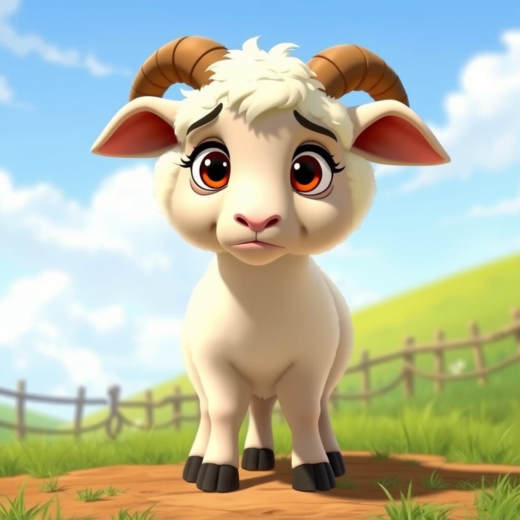 An overly exaggerated  caracuture of a nervous lamb on a far...