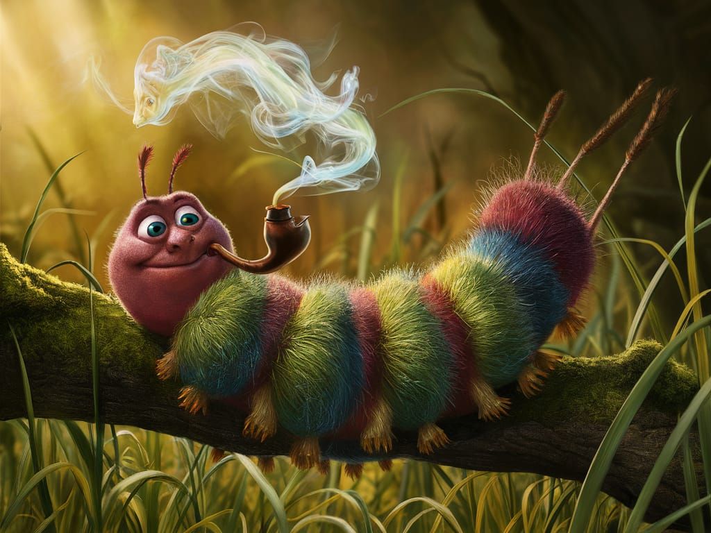 Pixar-Style Caterpillar Smoking Dragon Pipe in Jungle