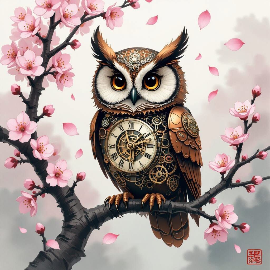 Clockwork Owl in Cherry Blossom Garden