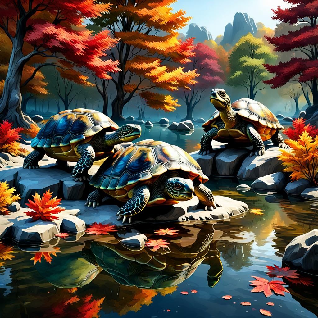 Colorful Turtles in Autumn Garden, Hyperrealistic 8K