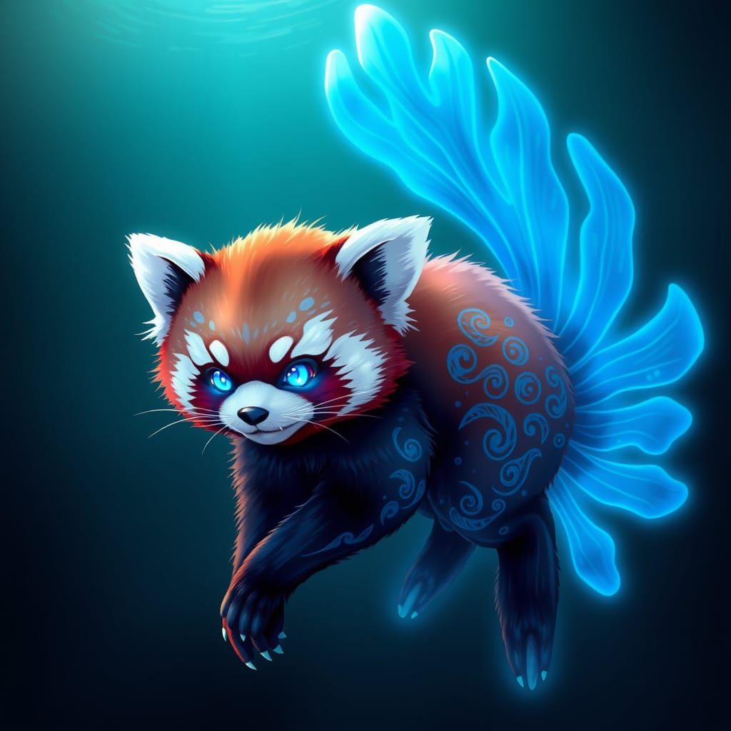 Mystical Aquatic Red Panda Radiates Ethereal Aura