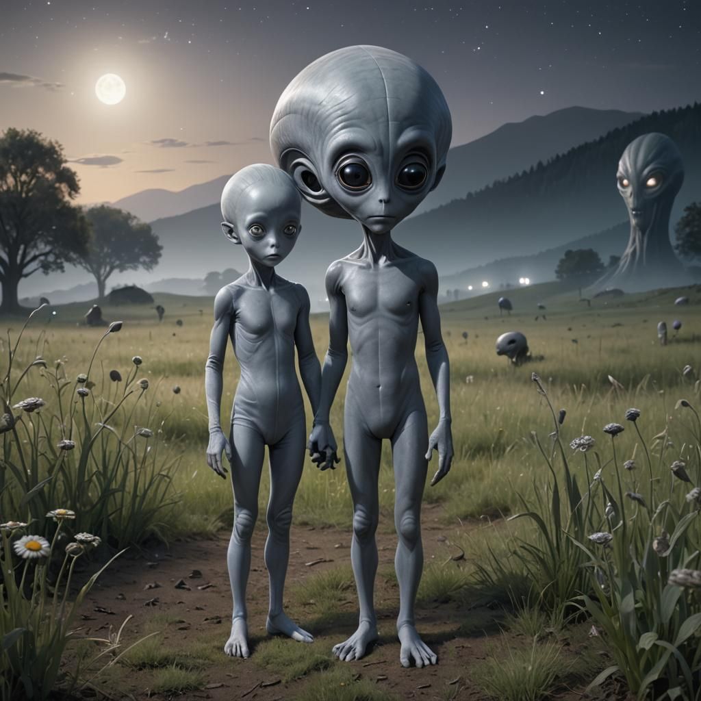 Child Meets Alien in Meadow at Night