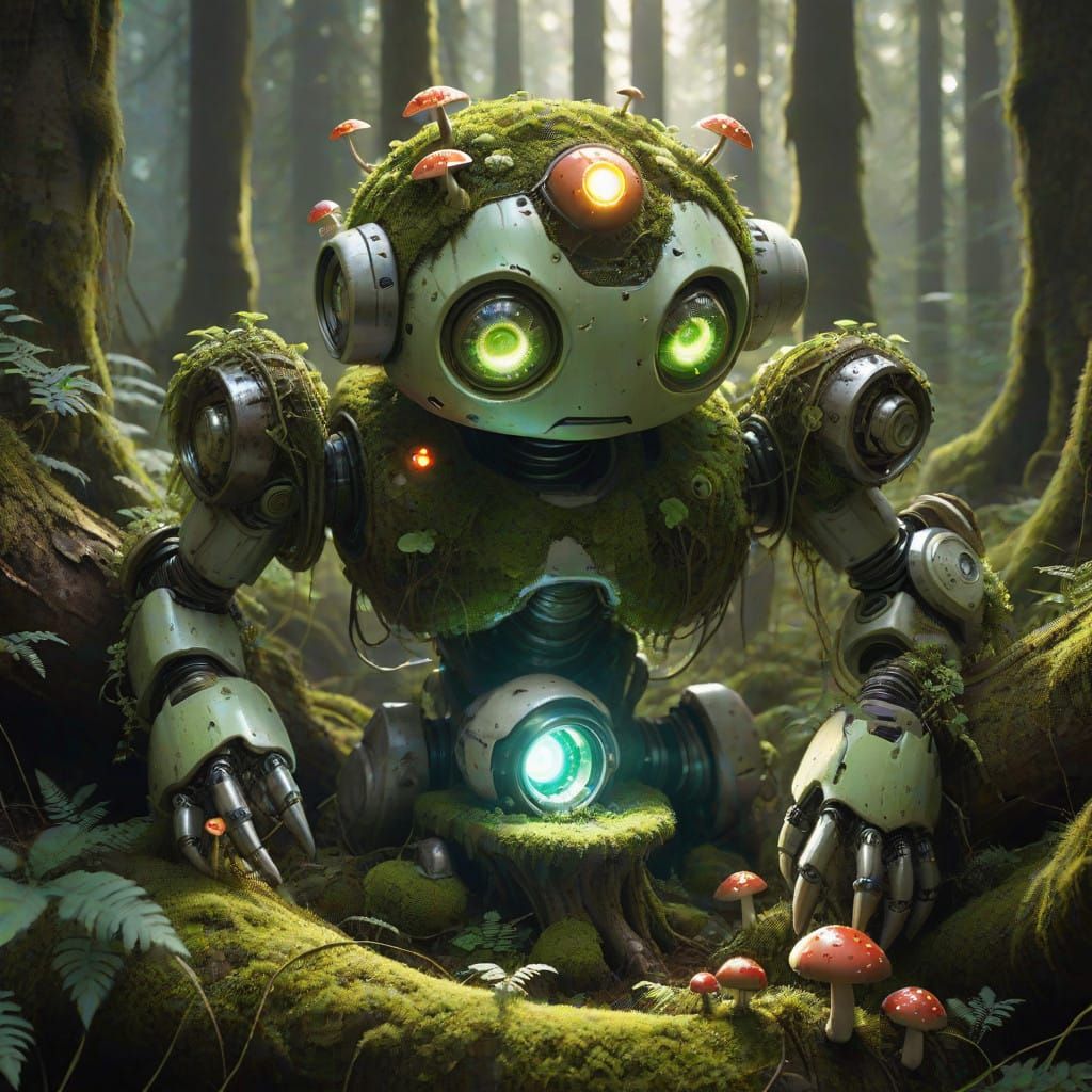 Cyberpunk Robot Discovers Glowing Mushrooms in Forest