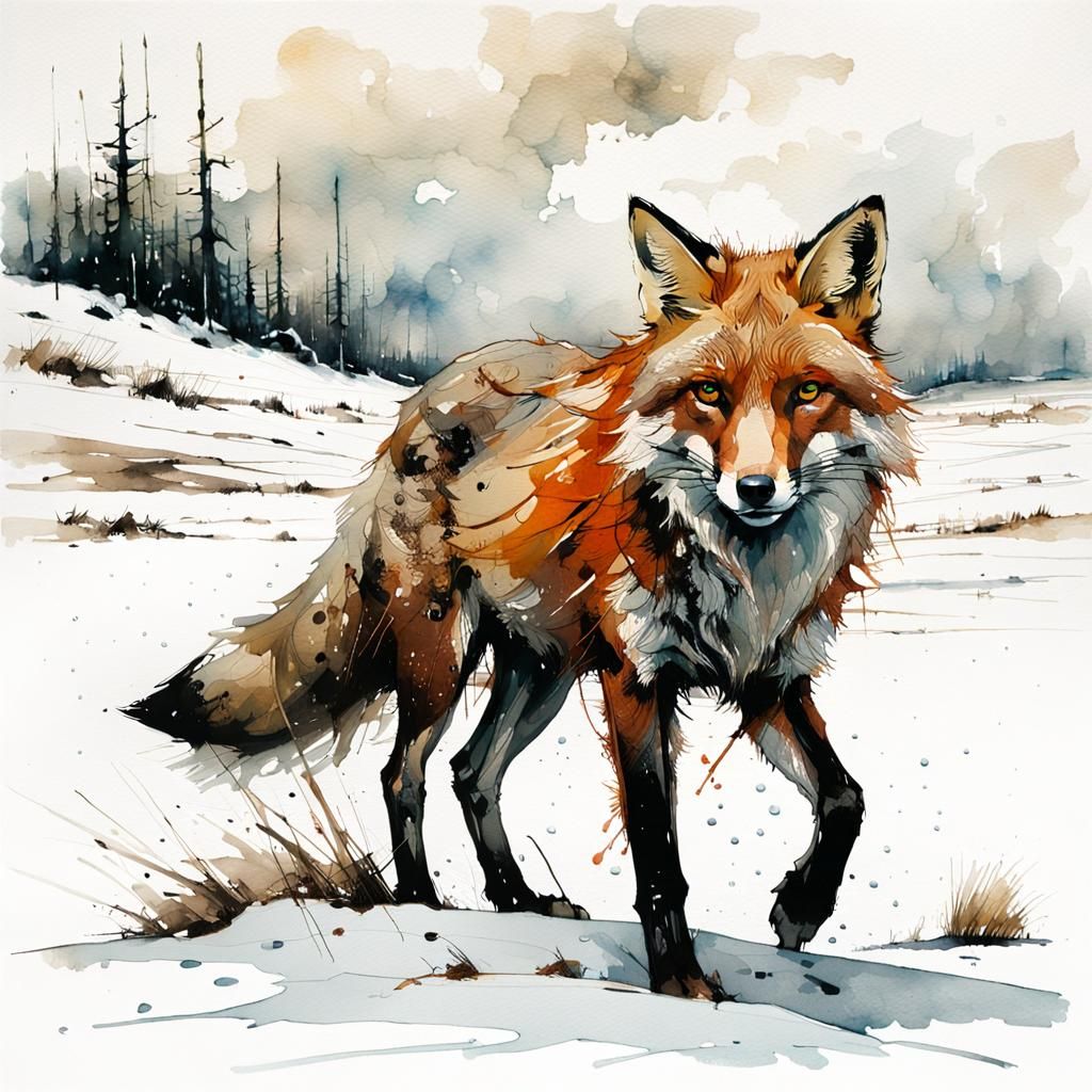 Fox in Snowy Landscape: Watercolor and Ink Painting