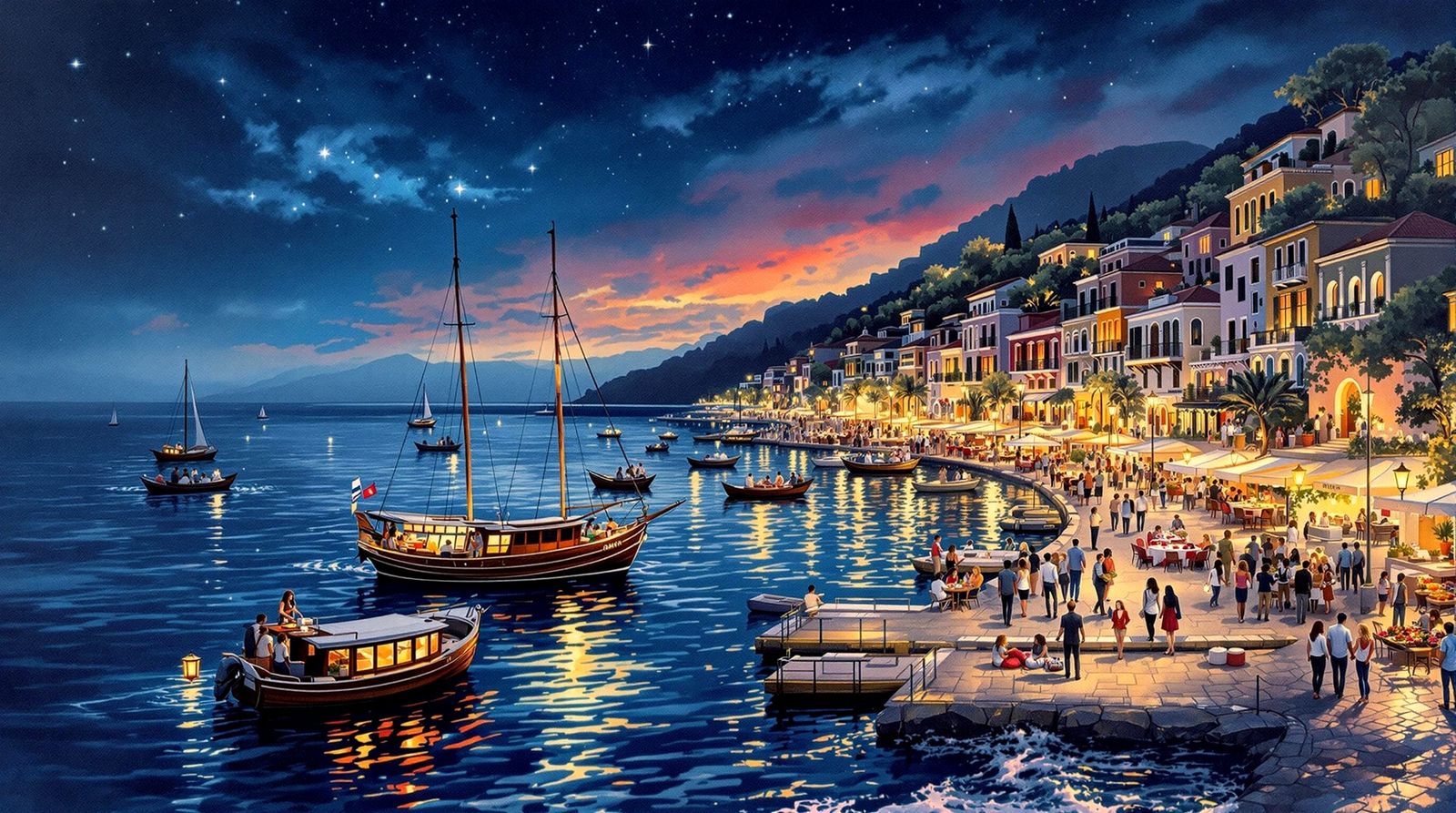 Romantic Mediterranean Port at Night as Oil Painting