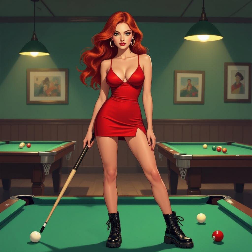 Red Haired Woman in Mini Dress with Pool Cue