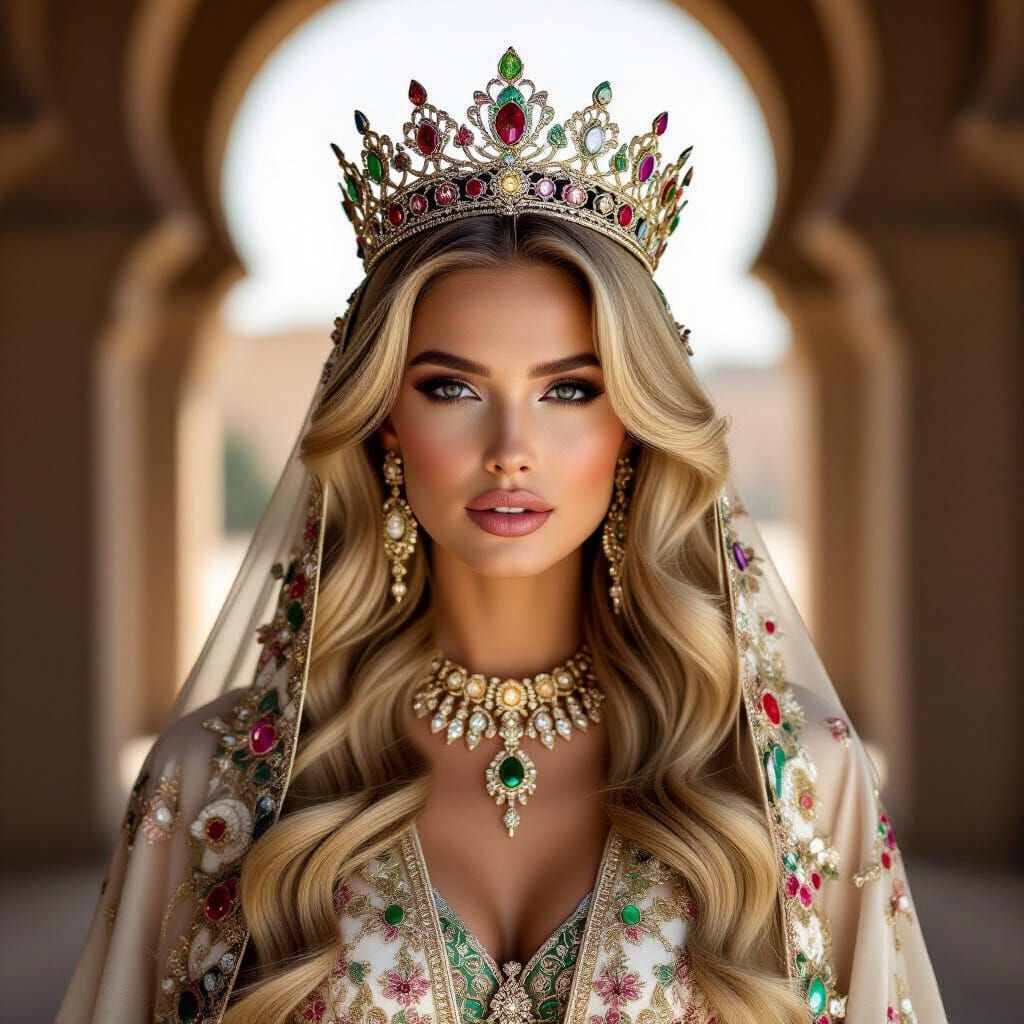 Regal Blonde in Crown and Opulent Abaya