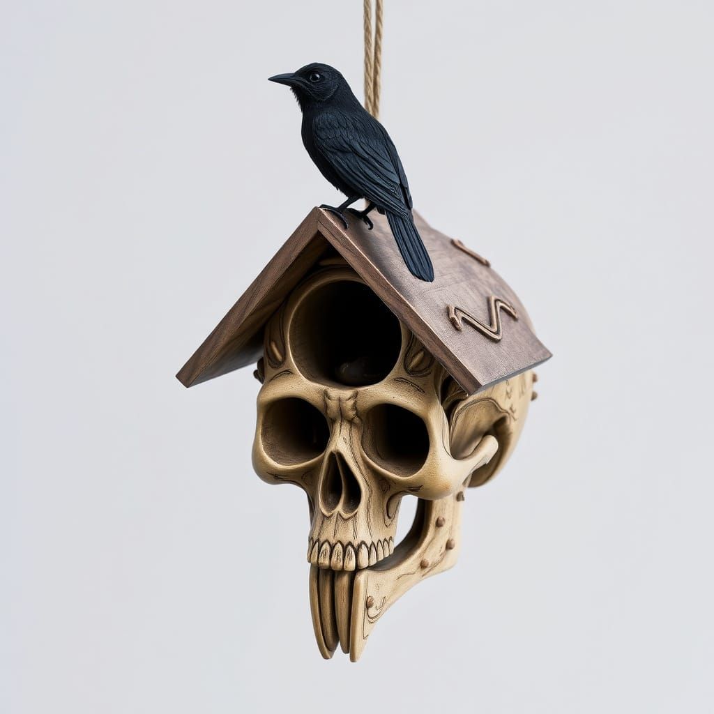 Eerie Birdhouse Skull with Black Bird Perched