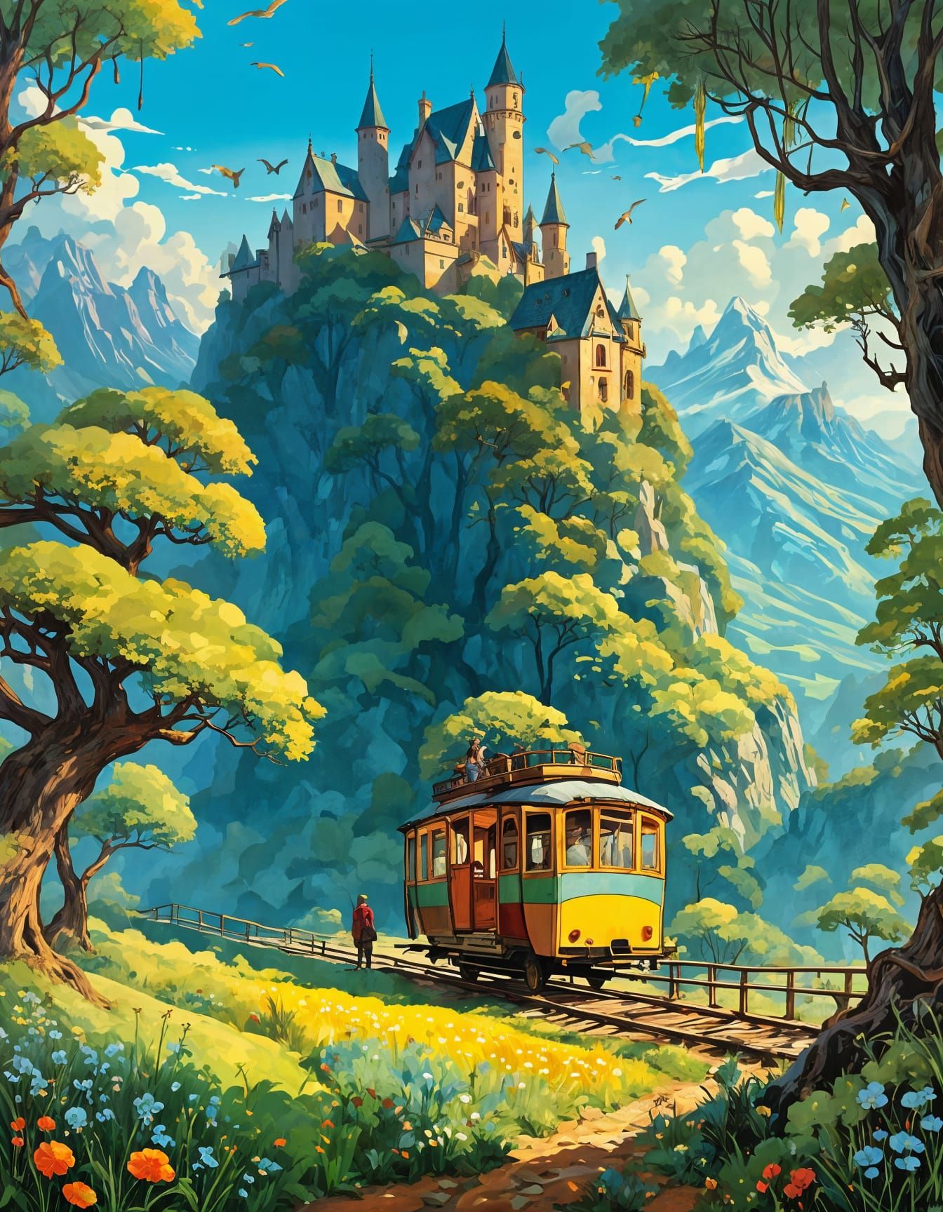 Whimsical Sci-Fi Fantasy Railroad Illustration