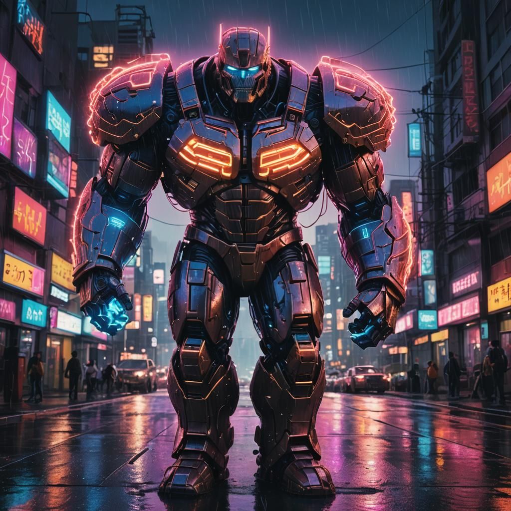 Neon Armored Titan in Retro Synthwave Cityscape