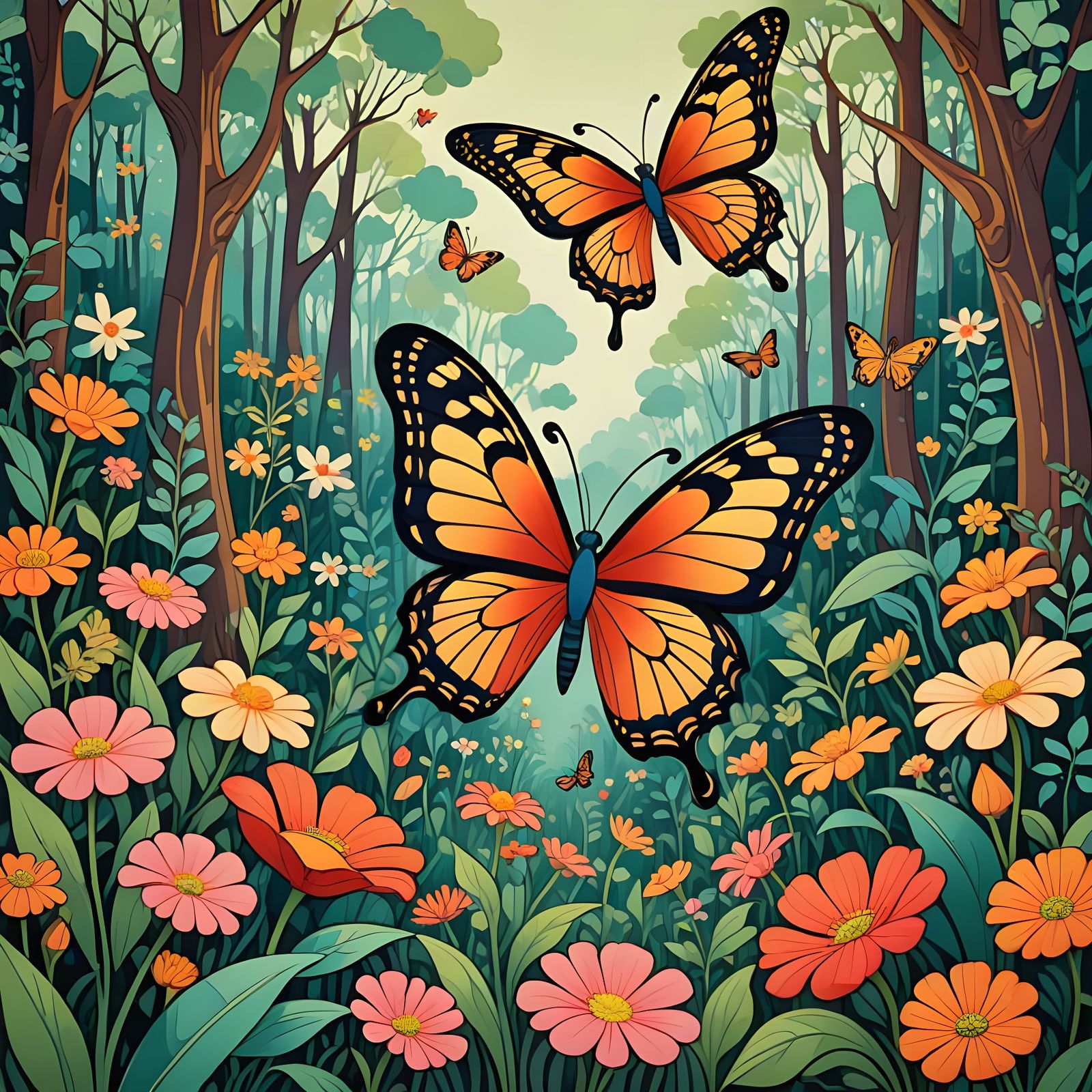 Art Nouveau Butterfly Over Forest Flowers
