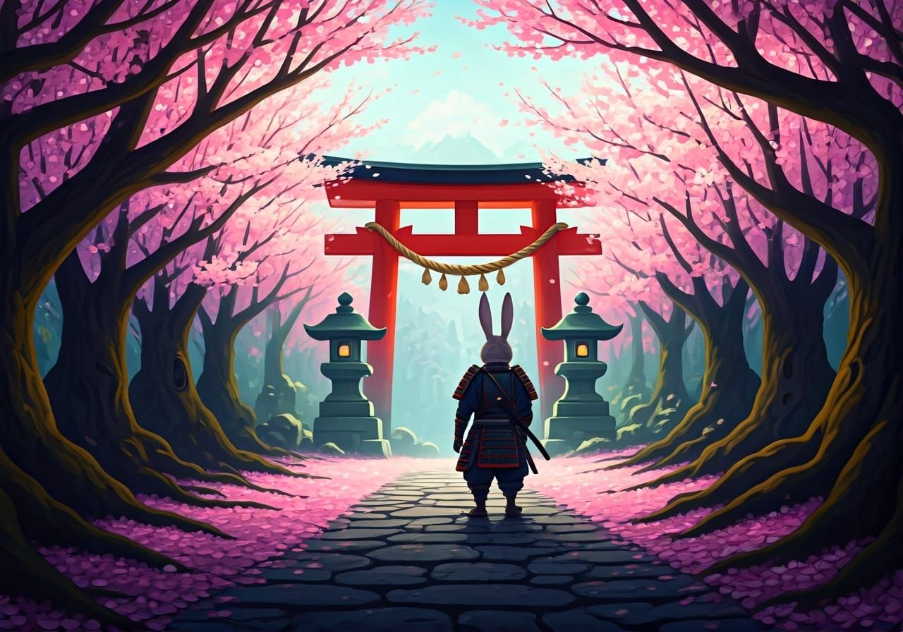 Samurai Rabbit at Shinto Shrine Under Sakura Trees