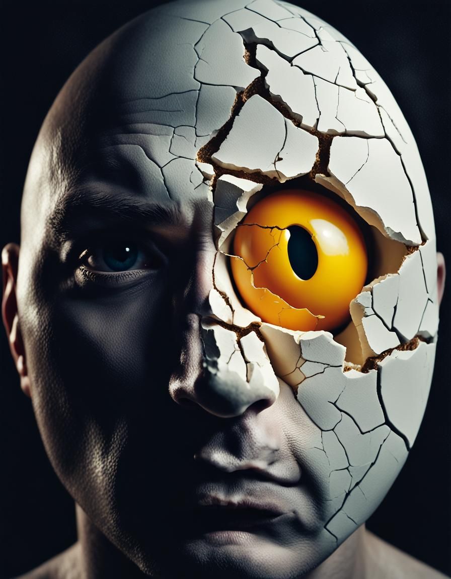 Cracked Egg Face: Surreal Cinematic Portrait