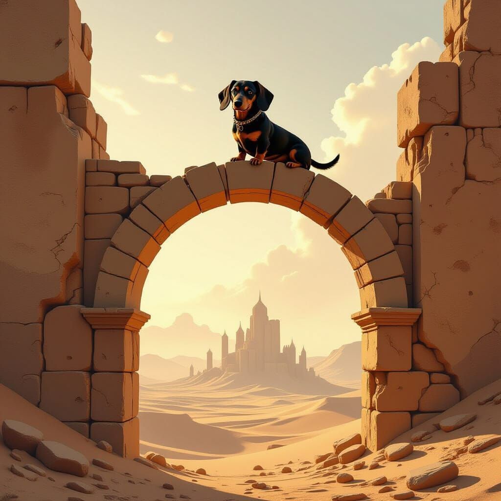 Dachshund on Archway Overlooking Dusty Desert Cityscape