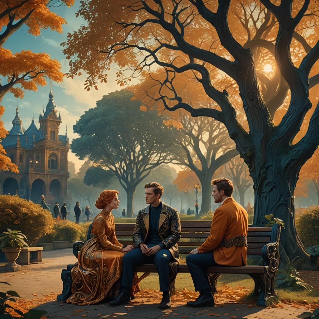 Park Bench Scene: Fantasy Art Nouveau Style