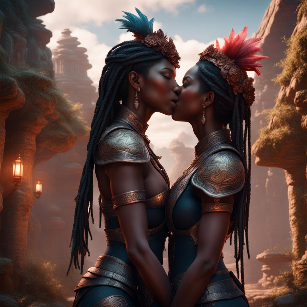 Lesbian Kiss: Detailed Matte Painting in Deep Color