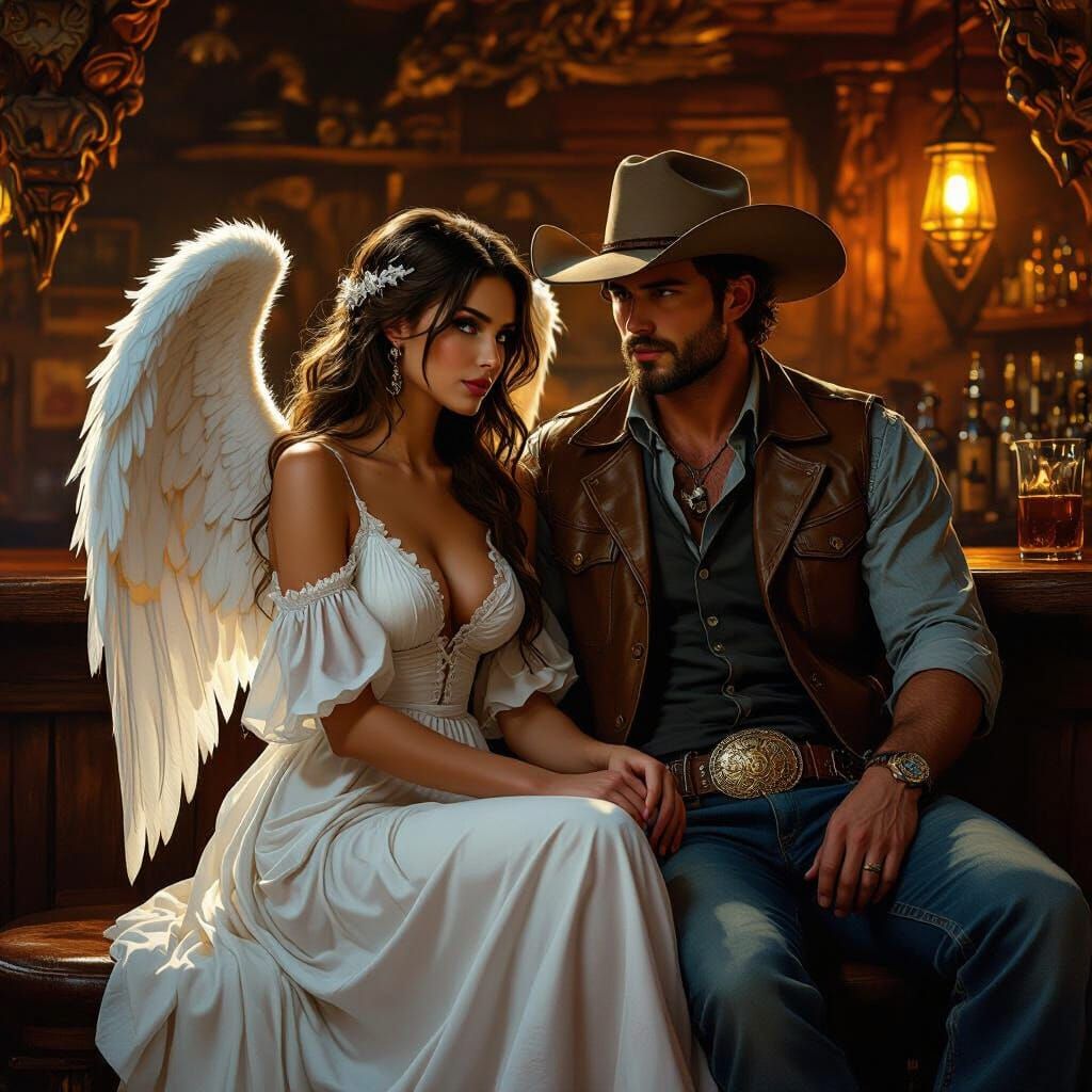 Angel and Cowboy in Dimly Lit Bar, Matte Painting Style