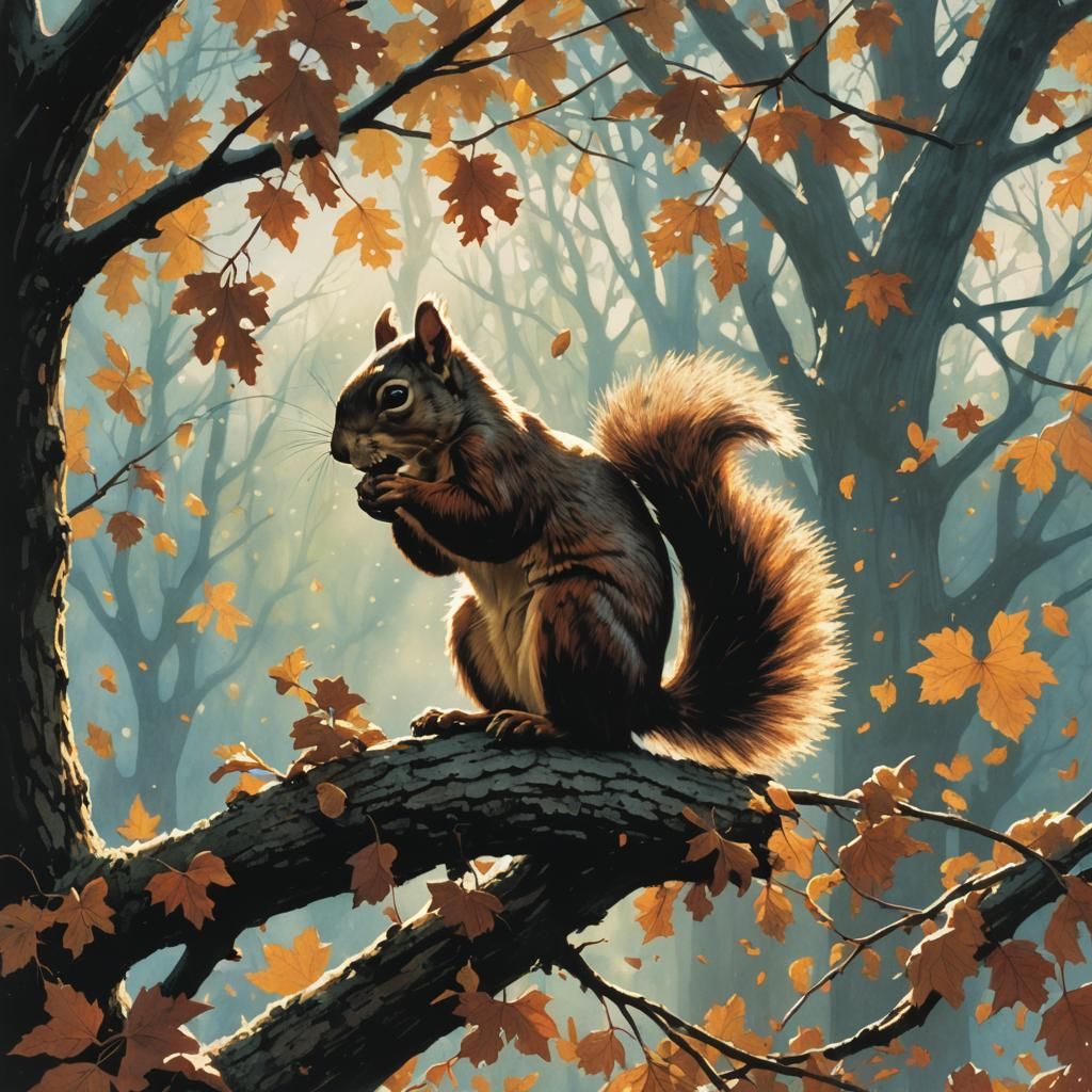 Squirrel Silhouette Saving Nuts in Dramatic Style