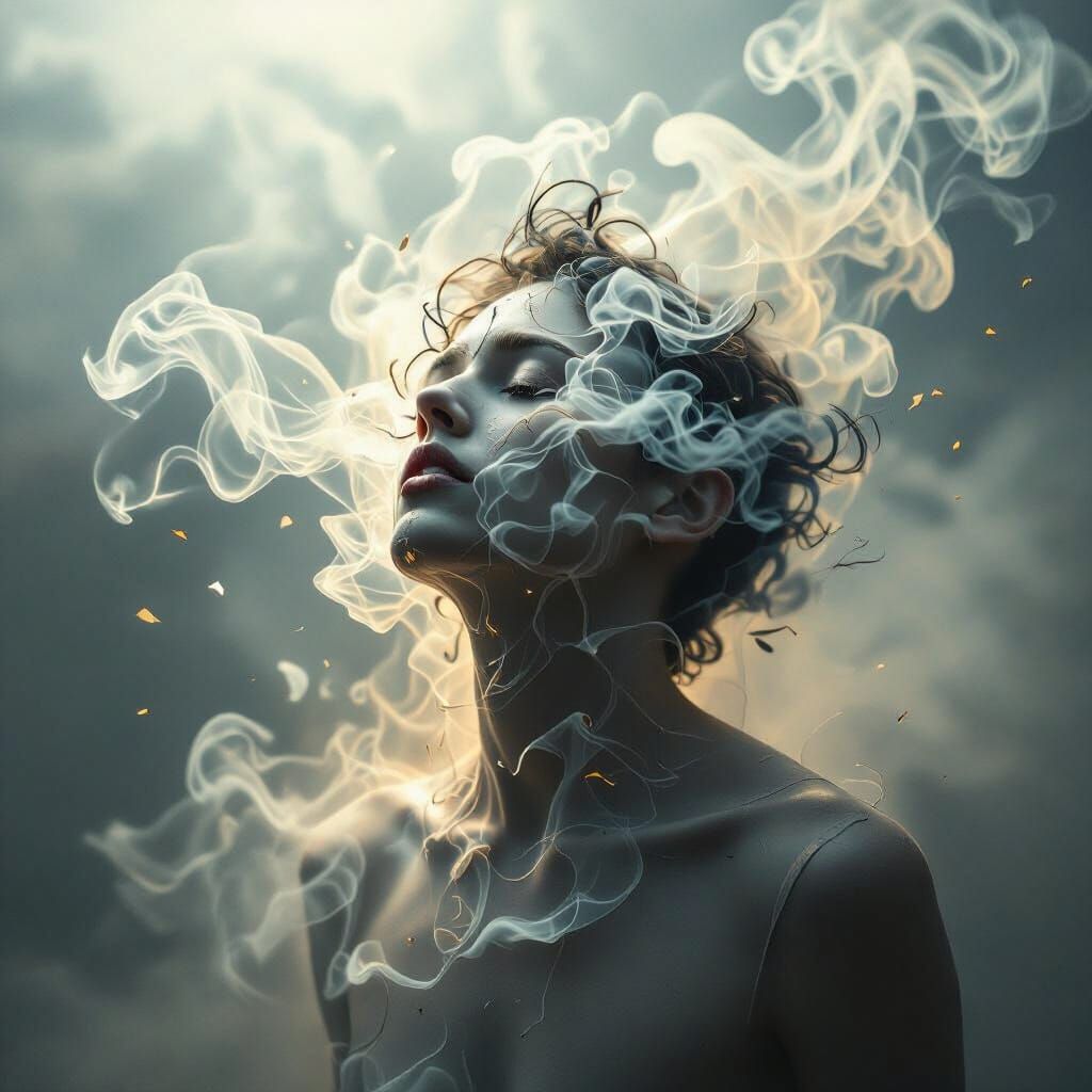 Melancholic Figure Dissolving into Smoke and Light