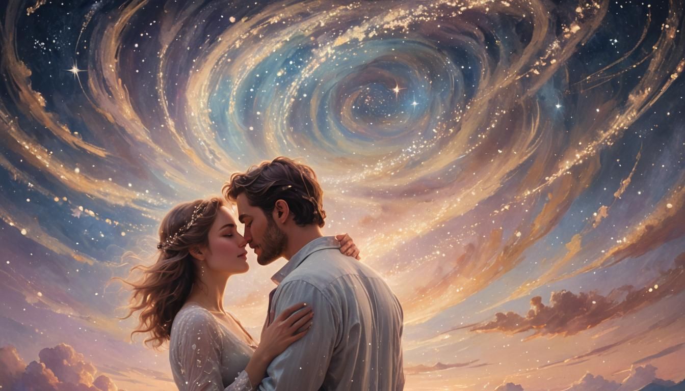 Romantic Couple Gazing Under Starry Sky in Dreamy Style