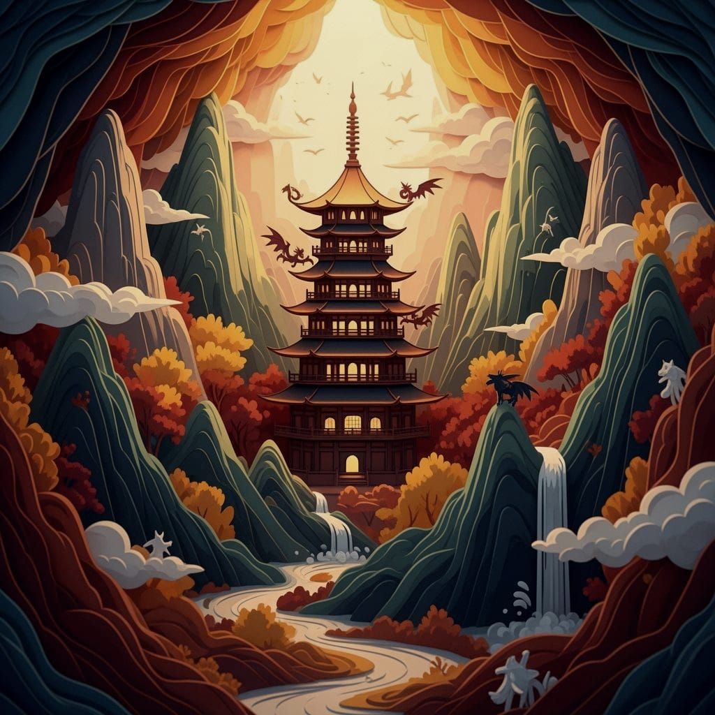 Majestic Paper Pagoda Hidden in Mountain Range