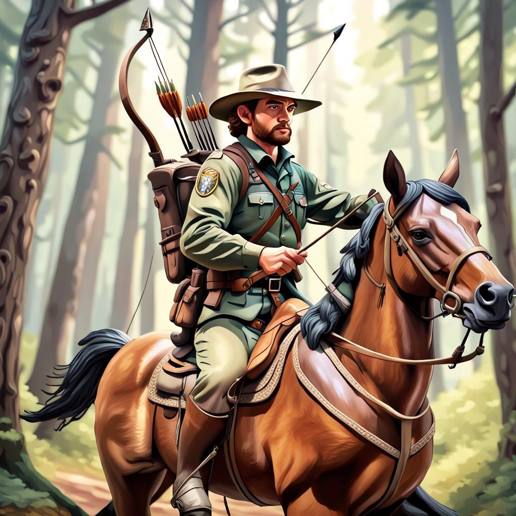 Cartoon Park Ranger Scouting Forest on Horseback
