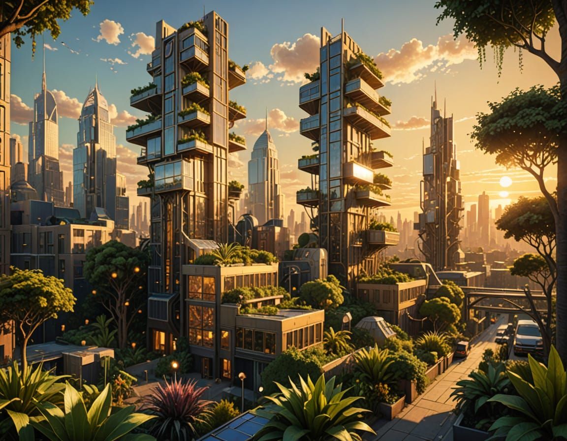 Surreal Solarpunk Cityscape in Warm Golden Light